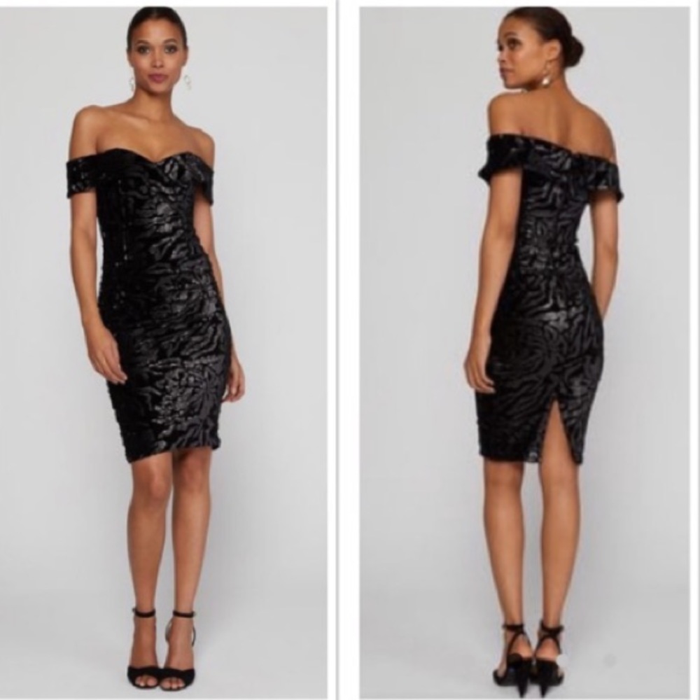 Sequin Velvet Off the Shoulder Dress